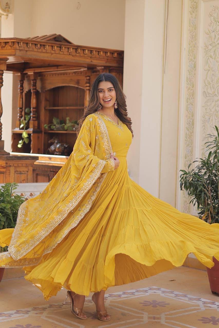 Haldi Function Yellow Maxi Dress For Wedding Haldi Function Special Yellow Color Soft Georgette Anarkali Gown Haldi Function Yellow Maxi Dress For Wedding Haldi Function Special Yellow Color Soft Georgette Anarkali Gown