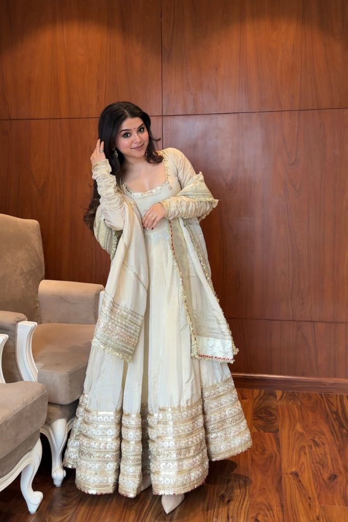 Cotton Cream Colour Anarkali Dress Embroidered Cotton Ladies