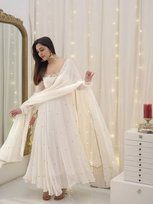 Most Trending White Color Party Wear Handwork Anarkali Suit