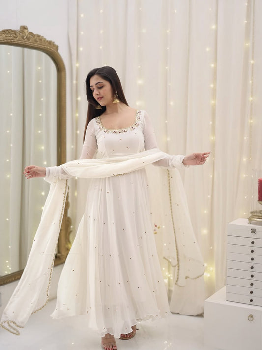 Most Trending White Color Party Wear Handwork Anarkali Suit