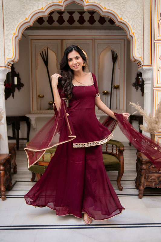 Most Trending Real Mirror Work Maroon Color Party Wear Plazo Suit