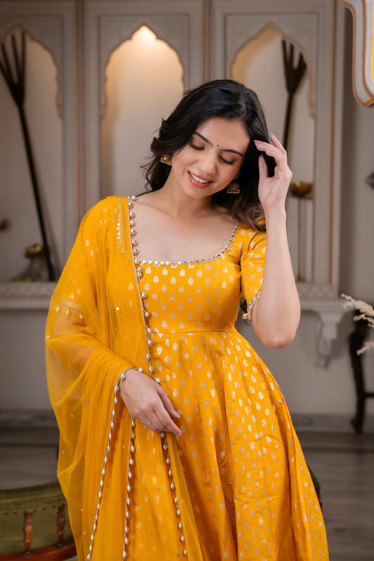 Most Trending Marigold Yellow Color Jequared Silk Anarkali Suit