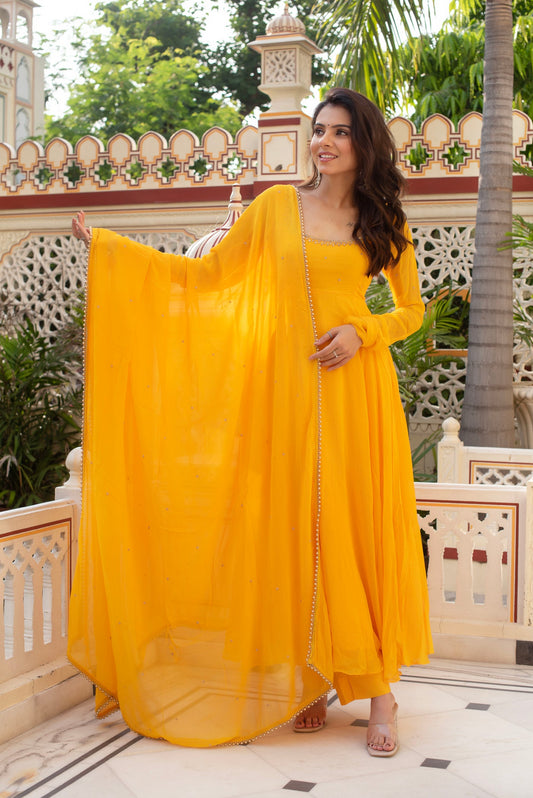 Haldi Function Special Fully Flair Yellow Handwork Anarkali Suit