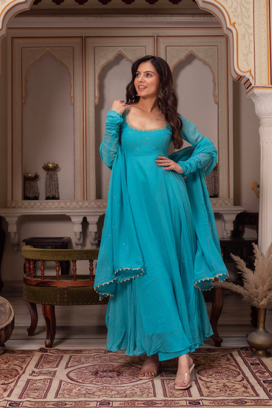 Most Trending Festive Special Aqua Blue Color Fully Flair Handwork Anarkali Suit