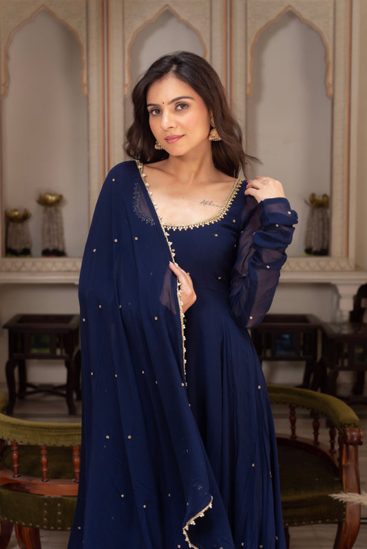 Most Attractive Navy Blue Handwork Fully Flair Anarkali Suit