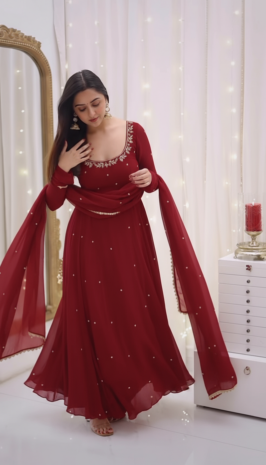 Most Trending Cherry Red Color Fully Flair Anarkali Suit