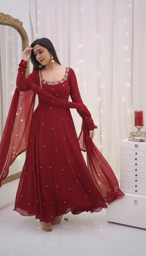 Most Trending Cherry Red Color Fully Flair Anarkali Suit