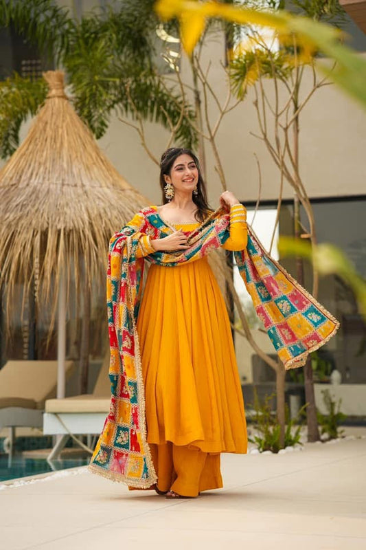 Most Trending Dusk Yellow Party Wear Designer Suit with Multi Color Dupatta