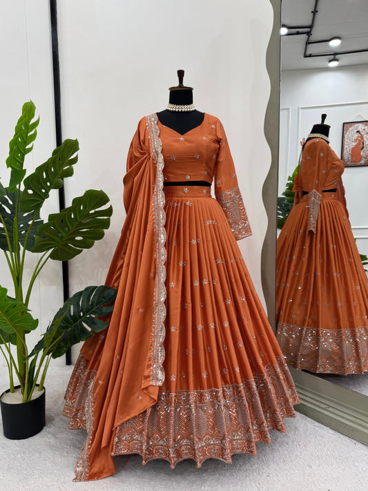 Beautiful Rust Orange Emroidery Silk Lehenga Choli