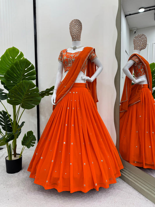 Wedding Special Attractive Orange Color Designer Lehenga Saree