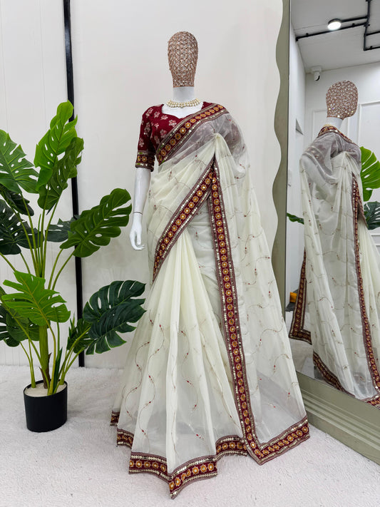 White Color Embroidery Sequin Work Designer Saree