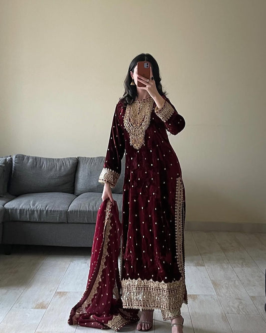 Festive Special Maroon Color Velvet Anarkali Suit