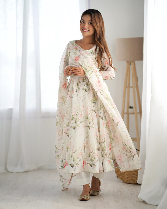 Trending Beautiful White Color Printed Anarkali Suit