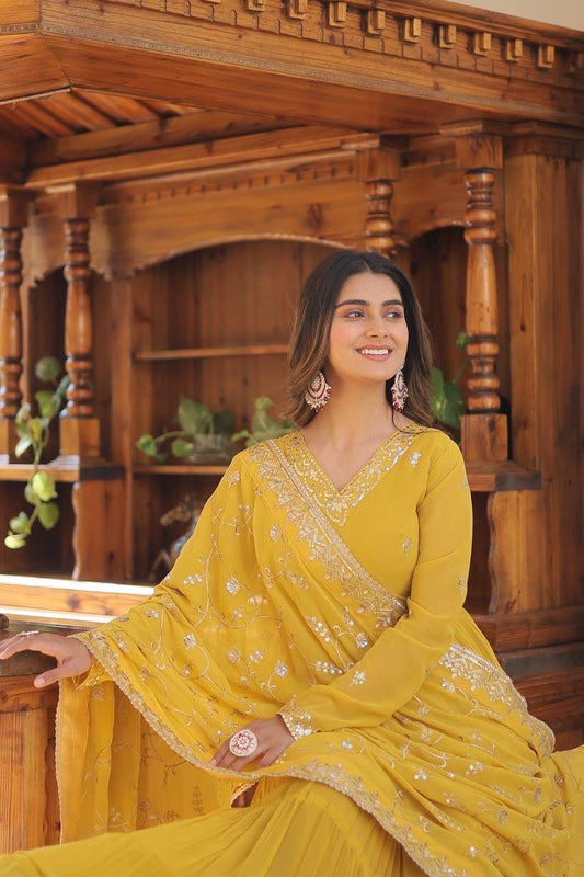 Haldi Function Special Yellow Color Soft Georgette Anarkali Gown