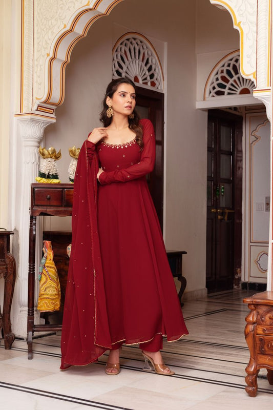 Karwa Chauth Special Red Hand And Mirror Work Anarkali Suit