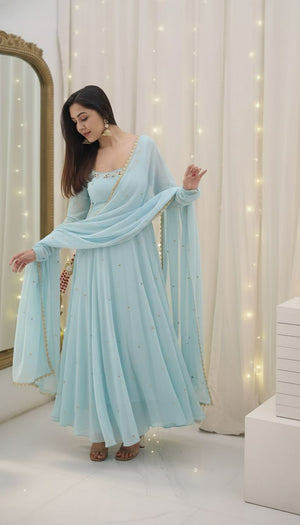 Most Trending Sky Blue Color Party Wear Handwork Anarkali Suit