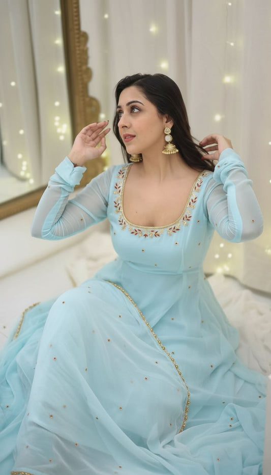 Most Trending Sky Blue Color Party Wear Handwork Anarkali Suit