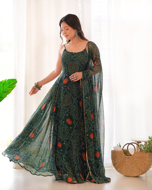 Festive Special Green Color Bandhej Print Fully Flair Anarkali Suit