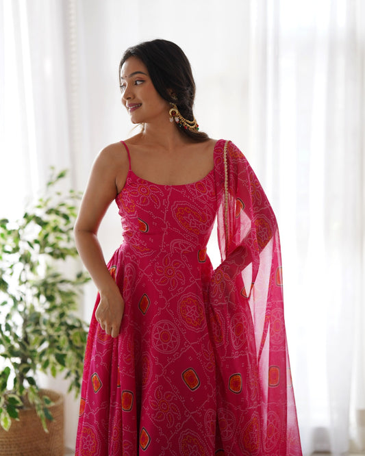Wedding Special Fully Flair Pink Color Bandhej Print Anarkali Suit