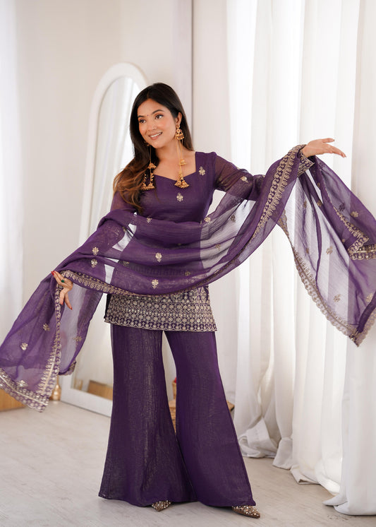 Deep Purple Embroidered Sharara Set with Sheer Dupatta
