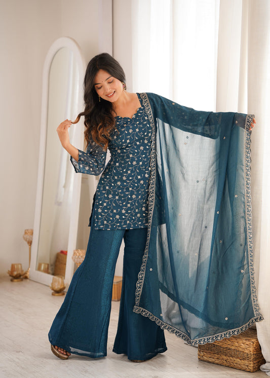 Premium Fully Stitched Teal Sharara Outfit with Elegant Dupatta