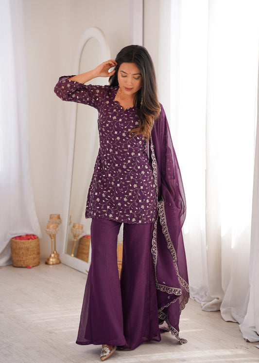 Elegant Purple Embroidered Sharara Set with Dupatta