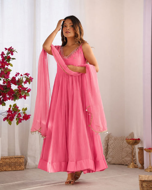 Festive Special Peach Color Mirror Work Fully Stitched Anarkali Suit