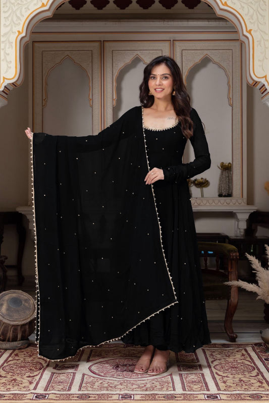 Festive Special Black Color Kundan Work Fully Flair Handwork Anarkali Suit