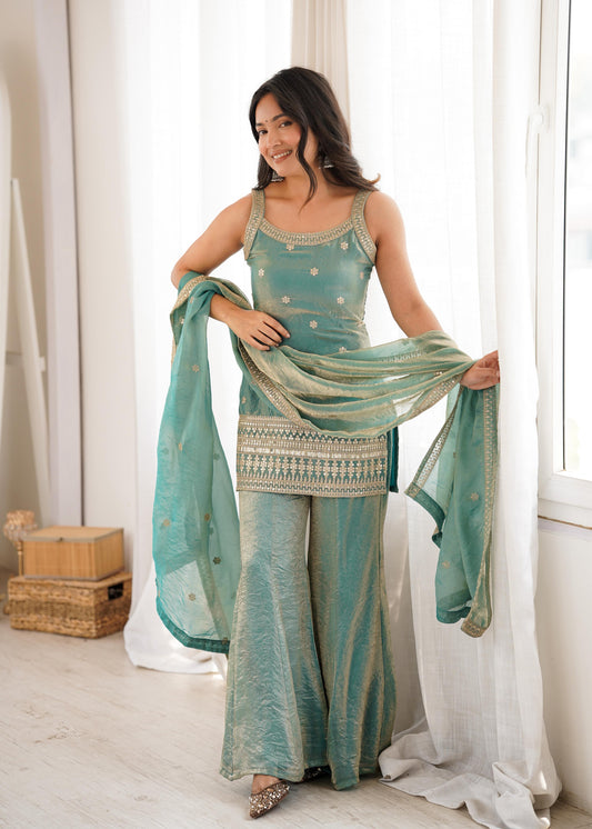 Most Trending Festive Special Fandy Silk Sharara Style Fully Stitched Dress