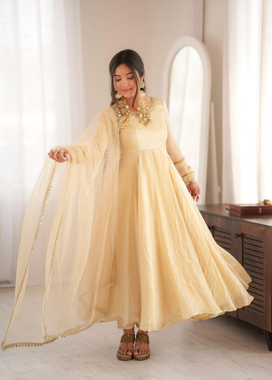 Festive Special Light Cream Color Fully Flair  Fandy Silk Anarkali Suit
