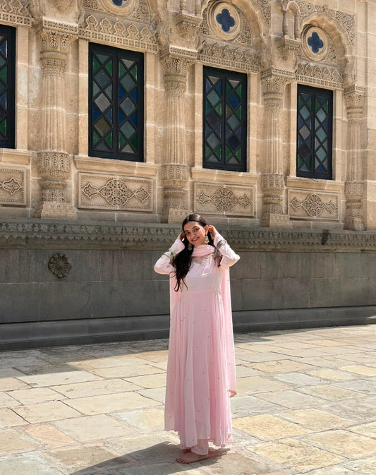 Rakhi Special Most Trending Baby Pink Color Handwork Anarkali Suit