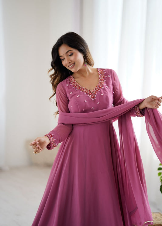 Rakhi Special Dusty Onion Color Fully Stitched Handwork Anarkali Suit