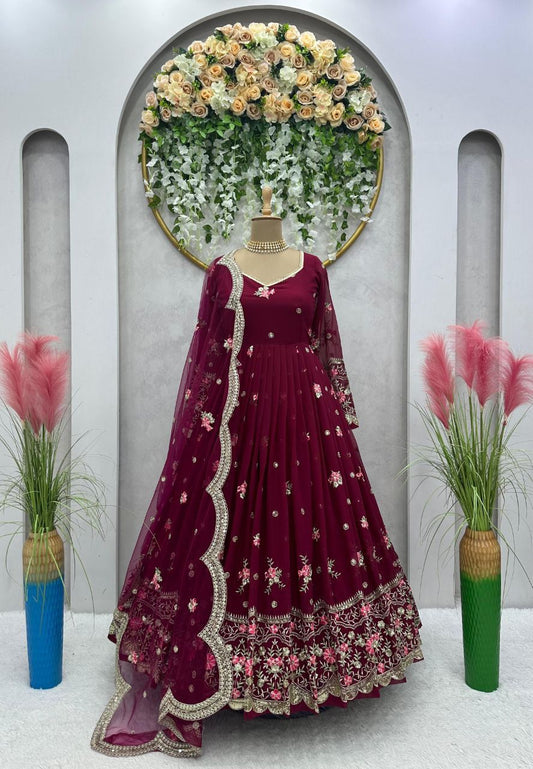 Beautiful Cherry Pink Chinon With Embroidery Work Anarkali Suit Set