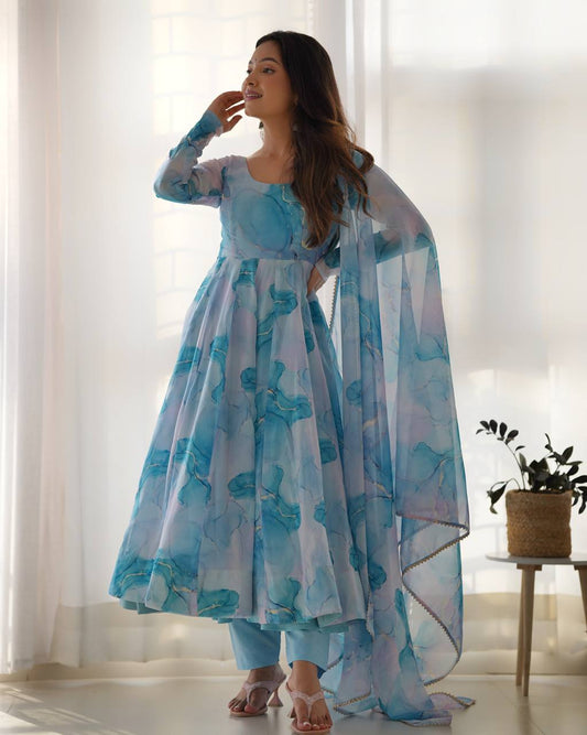 Buy Beautiful Printed Party Wear Organja Silk Anarkali Suit