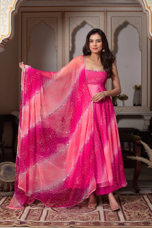 Most Attractive Pink Color Bandhani Print Mirror Work Anarkali Suit
