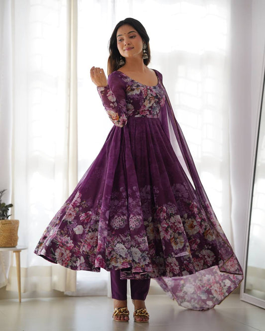 Festive Special Organza Silk Printed Wine Color Anarkali Suit Set