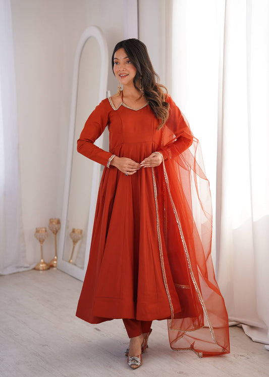 Wedding Special Rust Orange Fully Stitched Anarkali Suit