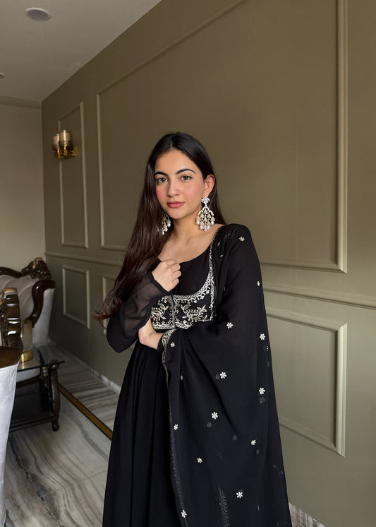Festive Special Black Color Embroidery Koti Style Anarkali Suit